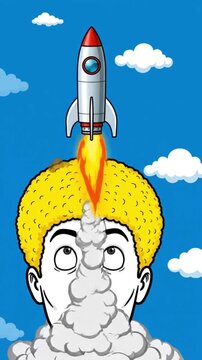 Rocket Launching from a Human Brain, Creative Ideas, Inspiration, and Brainstorming Concept, Modern Surreal Collage Animation, Stop Motion, Screaming Woman, Vertical Video