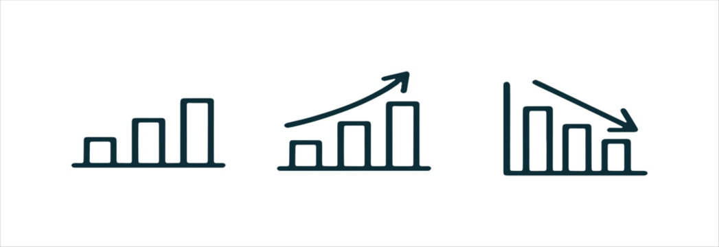 Financial bar chart set with growth and loss indicators using simple dark teal lines for business data visualization.