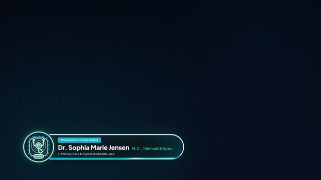 Digital telehealth consultation lower-third graphic with neon medical interface elements