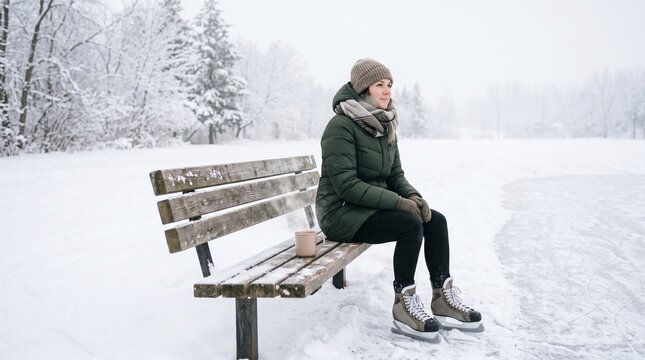 A woman wearing ice skates rests on a wooden bench beside a frozen rink during a snowy winter day