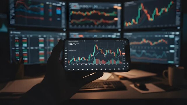 Close-up of a hand holding a smartphone displaying real-time stock market candlestick charts in a dark office.