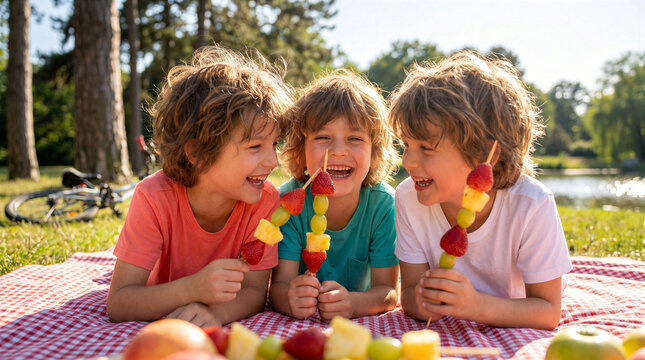 Three happy young boys lying on a picnic blanket in a park, laughing and eating fresh fruit skewers on a sunny summer day