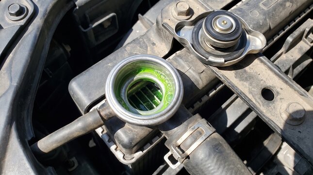Open car radiator neck showing bright green coolant liquid inside with radiator cap removed on a vehicle engine bay close up
