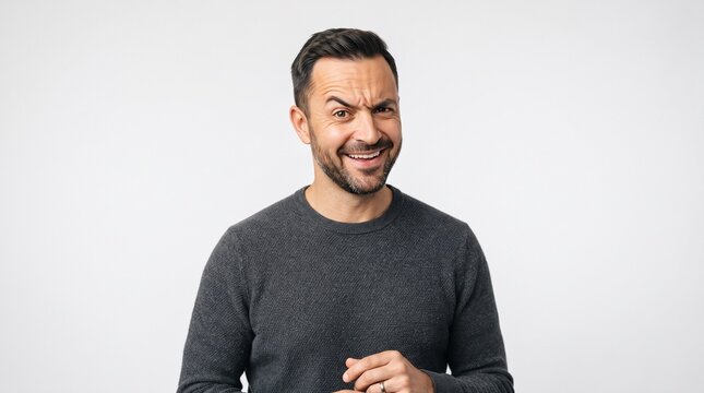 Man with skeptical expression and raised eyebrow looking at camera