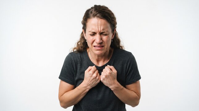 Woman Expressing Disgust and Discomfort with Wrinkled Face and Clenched Fists