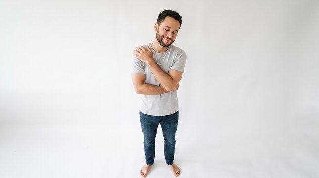 Man Hugging Himself With Eyes Closed In A Studio Setting