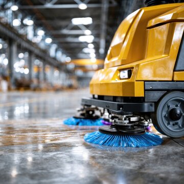 Industrial cleaning machine with rotating brushes maintaining pristine polished floors inside a large modern warehouse facility
