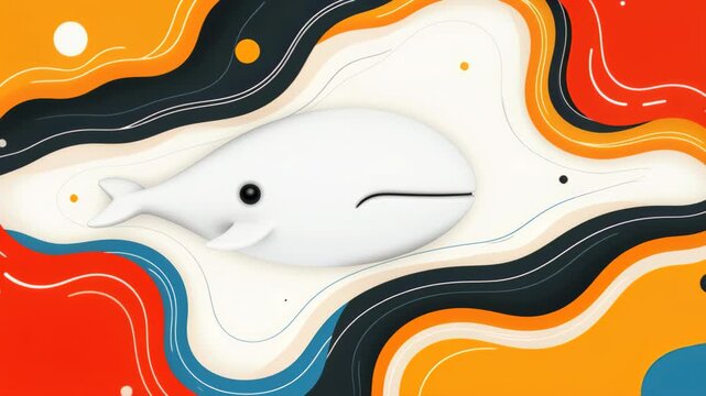 Whale in a Wave of Color: A stylized white whale swims through abstract, flowing waves of vibrant orange, red, yellow, and blue, creating a surreal and artistic underwater scene.