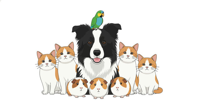 Friendly border collie dog wearing a small green parrot on its head and surrounded by cute cats and guinea pigs.