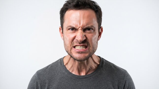 Man with angry expression baring teeth and furrowed brow