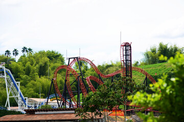 Montenegro, Quindío  September 19, 2026: Distant view of the Krater roller coaster at Parque del Café © AlysC