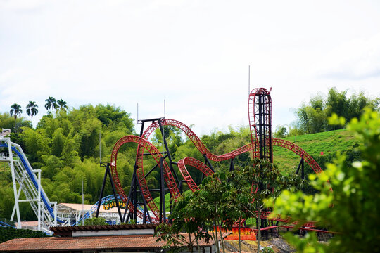 Montenegro, Quind&iacute;o; September 19, 2026: Distant view of the Krater roller coaster at Parque del Caf&eacute;