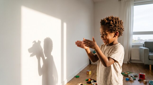 Young boy plays shadow puppets creating a dog silhouette on a sunlit wall in a bright room
