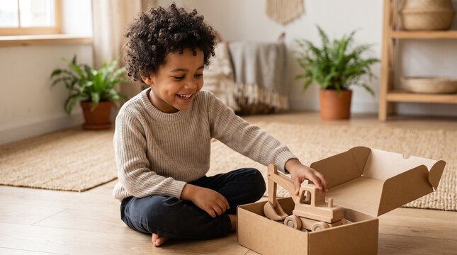 Joyful young boy with curly hair happily playing with a wooden toy excavator from its packaging