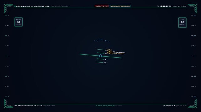 Futuristic Helicopter Heads Up Display Featuring Extraction Zone Navigation Telemetry Data