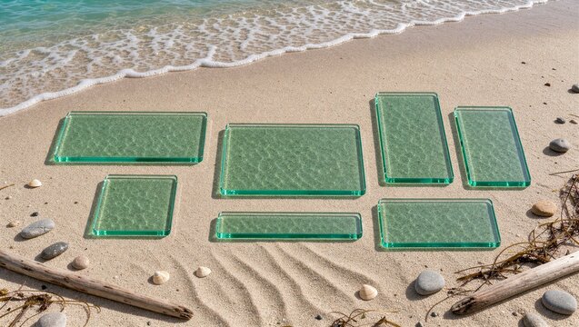 Transparent Green Glass UI Panels on Sandy Beach by Ocean