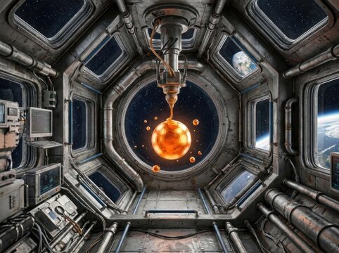 Glowing molten sphere floating in zero gravity through octagonal space station window