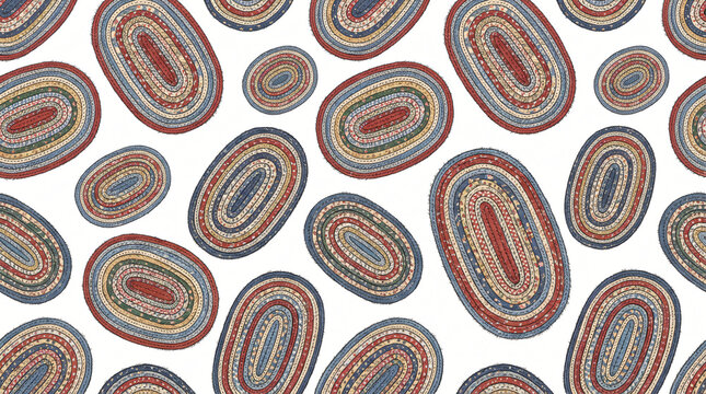 Seamless pattern of hand drawn colored American country braided rag rugs with oval concentric rings of braided fabric strips and patchwork textures painted in dusty blue red on white