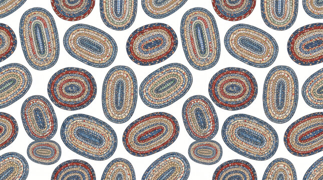 Seamless pattern of hand drawn colored American country braided rag rugs with oval concentric rings of braided fabric strips and patchwork textures painted in dusty blue red on white