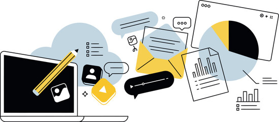 Digital marketing and content creation elements flying out of laptop screen for website process. © Lutfor
