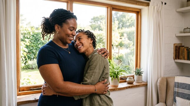 Two happy women embracing affectionately indoors by a window with green plants and books on shelves