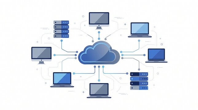 Cloud computing network diagram connecting computers and servers for