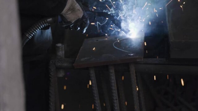 Close-up of skilled welder joining steel metal plates with bright glowing sparks in workshop