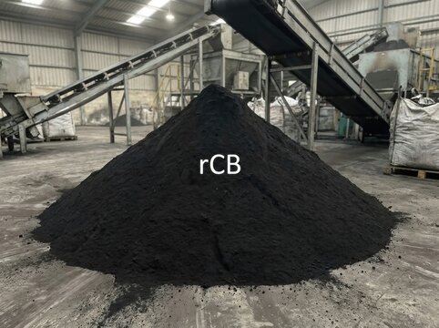 Black rCB powder pile near processing machinery in a recycling factory