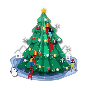 People decorating a large christmas tree with ornaments and gifts