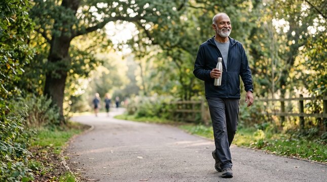 Smiling elderly man with beard walks on park path holding reusable water bottle enjoying nature and exercise