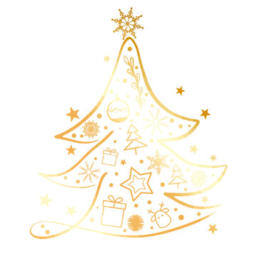 Minimalist gold christmas tree vector illustration with festive