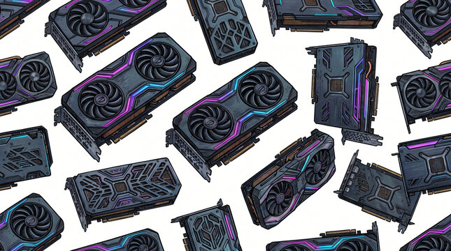 Seamless pattern of hand drawn colorful desktop graphics cards with powerful GPU units dual cooling fans metal backplates and RGB strips painted in charcoal neon purple on white background