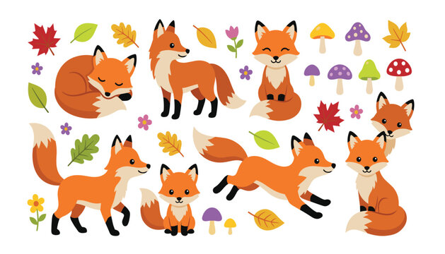 Cute little cartoon fox set with autumn leaves flowers and mushrooms elements vector illustration on white background