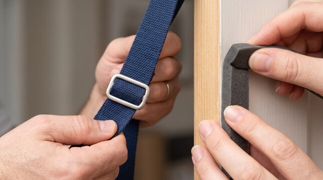 Close-up of hands fastening blue and gray straps to wooden surface