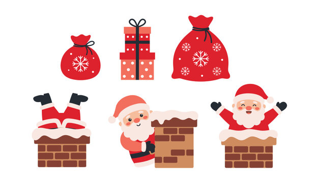 Cute cartoon Santa Claus in chimney set with Christmas gift boxes and red present sacks vector illustration on white background