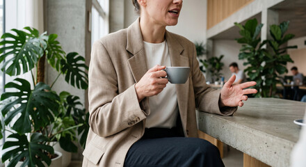 Fototapeta premium Unrecognizable businesswoman in contemporary blazer holding coffee cup and gesturing during meeting in modern office