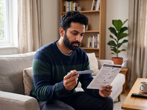 Man with beard reading instructions, home interior, domestic scene