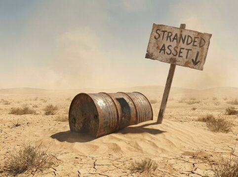 Rusted oil barrel with financial loss sign abandoned in barren desert