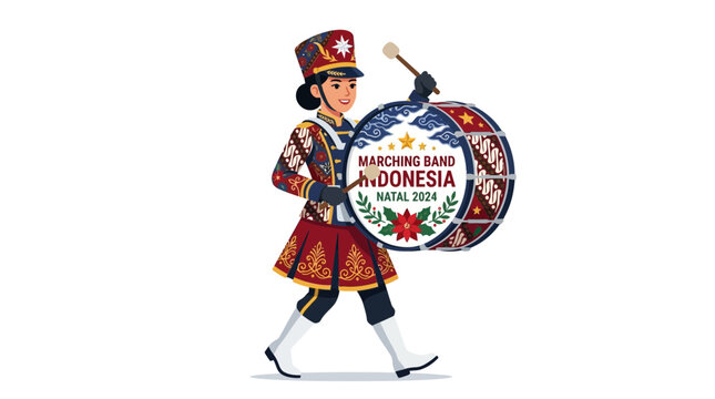 Female marching band member playing bass drum for Indonesia Christmas parade celebration