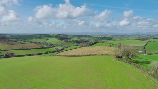 Fields and Farmlands at spring from a drone, Devon, England, United Kingdom