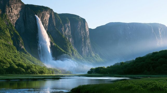 Majestic waterfall cascading down lush green cliffs into a serene river surrounded by forested hills under a clear morning sky