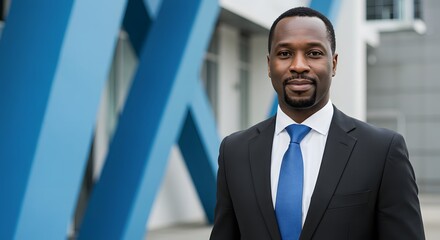 Fototapeta premium A professional portrait of a confident Black businessman in his late 30s, short dark hair, neatly trimmed beard and mustache, gentle smile, looking directly at the camera