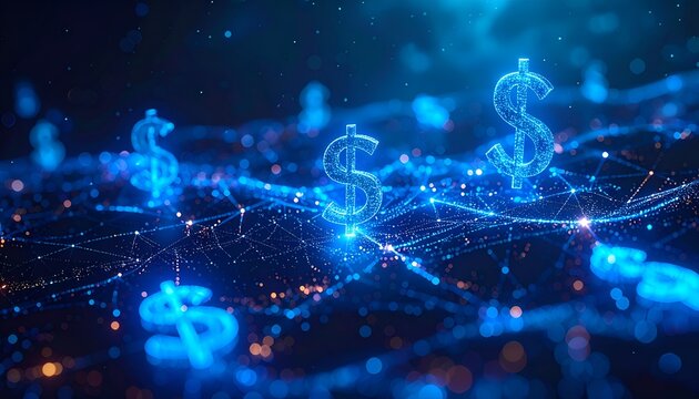 Blue dollar symbols floating over a luminous digital network with currency icons, representing financial markets, digital banking, wealth management, fintech, and online transactions.