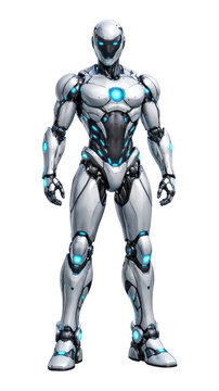 PNG Futuristic humanoid robot with glowing blue accents.