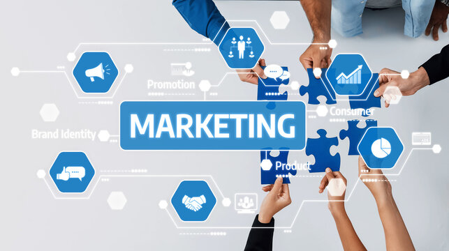 Visual representation of collaborative marketing strategies showcasing hands assembling puzzle pieces, emphasizing teamwork and key concepts in marketing for business success. Amity