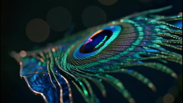 Close-up of iridescent peacock feather with eye pattern and vibrant blue-green hues against dark background