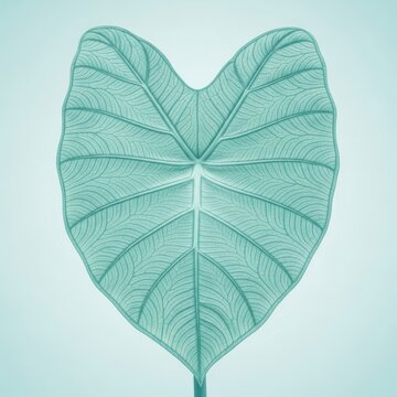 Single giant heart-shaped taro leaf in soft pastel teal featuring pale silver veins and smooth ridges against a clean minimal backdrop, plant, ridges, exotic