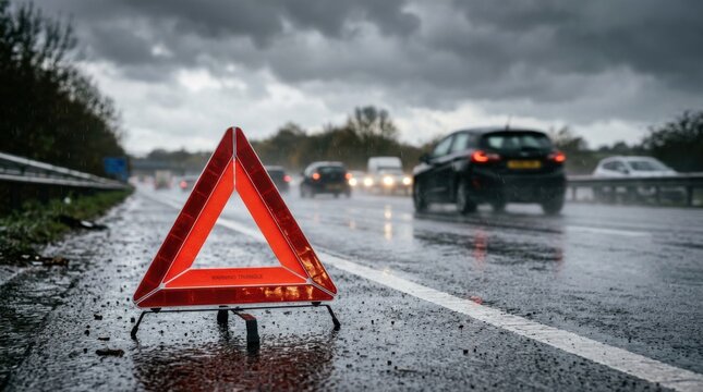 Warning Triangle on Rainy Road with Traffic