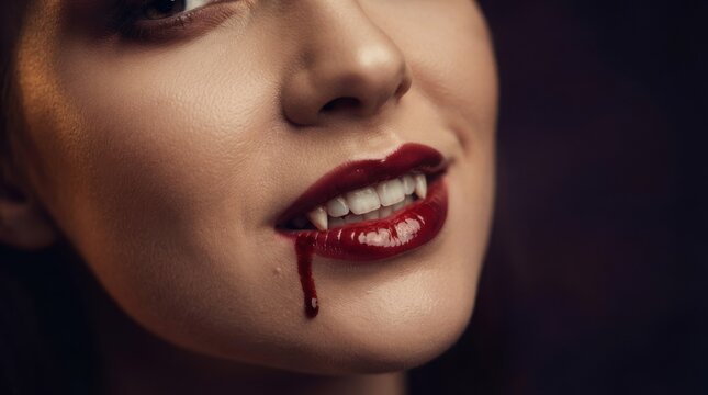 Woman with Dark Makeup and Blood on Lips