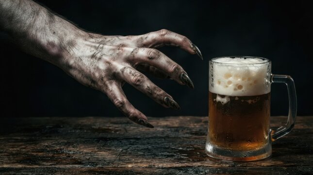 Zombie Hand Reaching for Beer Mug on Wooden Table